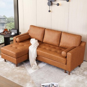 88.9" L-Shape Sofa Couch with Convertible Chaise, Sectional Leather Sofa with Deep Seat, 3-Seats Leather Couch with Comfy Cushion for Living Room - 1 of 4