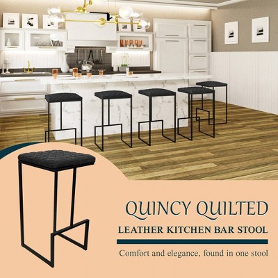 Charcoal Black Quilted Leather Bar Stool with Metal Frame