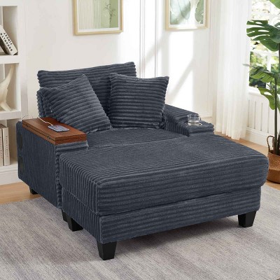 Single Seat Armrest Sofa with Ottoman, Sofa with Hidden Table and USB and Bluetooth Speaker, Corduroy Sofa with Wood Frame-Coolbibila