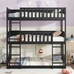 RISOKEYS Twin Size Triple Rubber Wood Bunk Bed - Detachable Triple Twin Bunk Bed with Two Built-in Ladders and Guardrails - 1 of 4