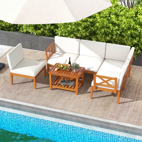 Costway 6 PCS Acacia Wood Patio Furniture Set with Cushions and 2-Tier Coffee Table - image 1 of 4