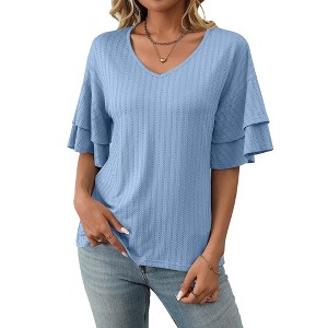 Pagoda Flutter Sleever Tops Womens Elegant V Neck Flowy Blouse Textured Short Sleeve Tops Elbow Sleeve Blouse Summer Casual Tops - 1 of 4