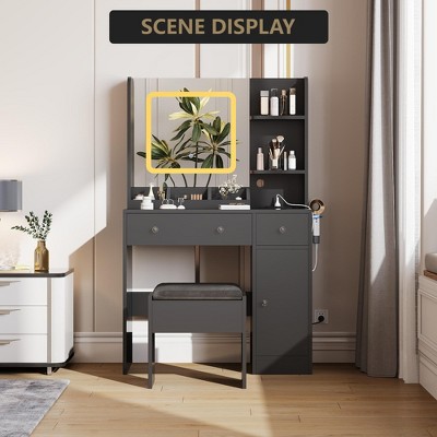 Vanity Desk with Mirror, 3 Lighting Modes Makeup Table with Charging Station, 3 Drawer, 3 Open Shelves and a Cabinet, Modern Dressing Table Set