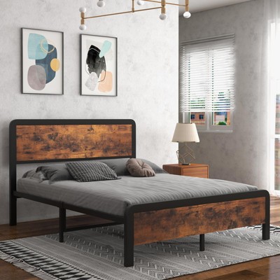 Garvee Twin/Full/Queen Wood Bed, Rustic Headboard, Underbed Storage, Heavy Duty Frame, Noise-Free, Easy Assembly, Rustic Brown