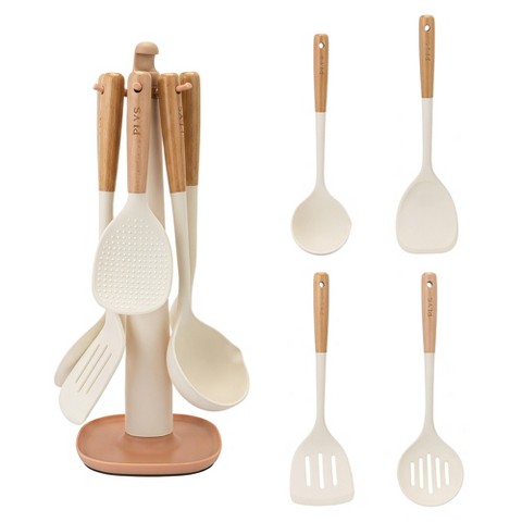 REGALWOVEN Silicone Cooking Utensil Set Wooden Handle Color Block Round Hole Nonstick Kitchen Tools 5 Pcs White