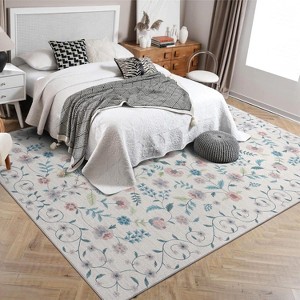 Area Rugs, Washable Floral Rugs, Soft Texture Floral Rug - Non Slip Washable Low Pile Carpet for Bedroom, Living Room, Office, Kids Room - 1 of 4