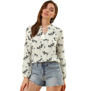 INSPIRE CHIC Women's Boho Floral Casual Ruffle Tie Keyhole Long Sleeve Blouse Top - 1 of 4