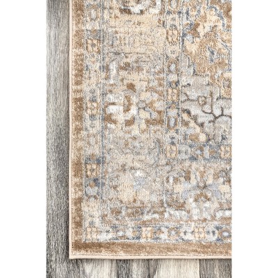 Beige and Gray Synthetic Medallion Runner Rug, 2' x 8'