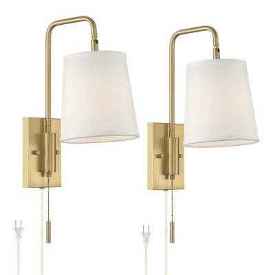 360 Lighting Modern Swing Arm Wall Lamps Set of 2 Warm Brass Metal Plug-In Light Fixture White Fabric Shade for Bedroom Bedside