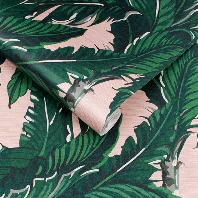 Blush Pink and Green Tropical Palm Leaf Wallpaper