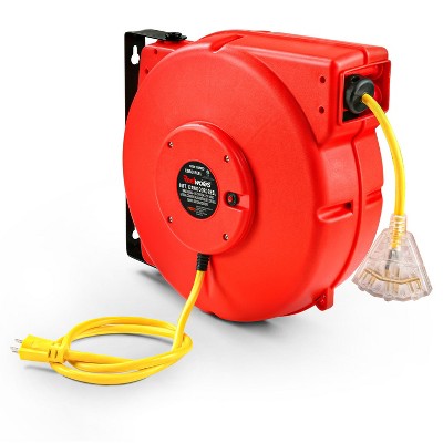 ReelWorks 80&#039; Red Retractable Extension Cord Reel with Triple Tap
