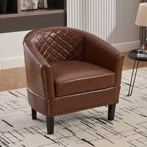 MOONMISS Faux Leather Accent Chair, Barrel Club Chair Upholstered Armchair for Living Room, Comfy Modern Arm Chair Bedroom Reading Seat - 1 of 4