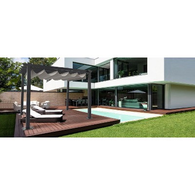 Outdoor Aluminum Pergola, Upgraded Retractable Canopy, Adjustable Shade, Metal Patio Shelter, Wood Grain-Look Frame, for Garden and Backyard