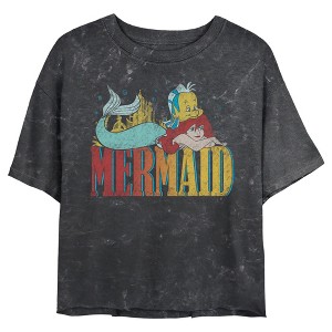 Juniors Womens The Little Mermaid Ariel and Flounder Distressed Logo Mineral Wash Crop T-Shirt - 1 of 4
