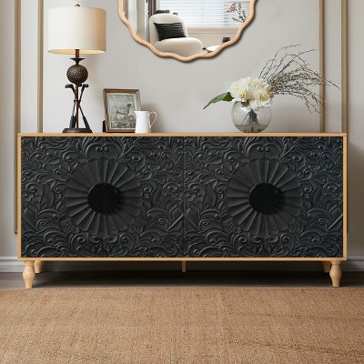 63'' Rustic Floral Carved Storage Cabinet and TV Stand with Adjustable Shelves for Entryway or Living Room-Baofuwish