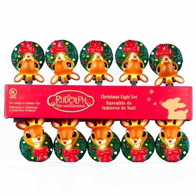 Kurt S. Adler Set of 10 Rudolph the Red Nose Reindeer Novelty Christmas Lights - Green Wire