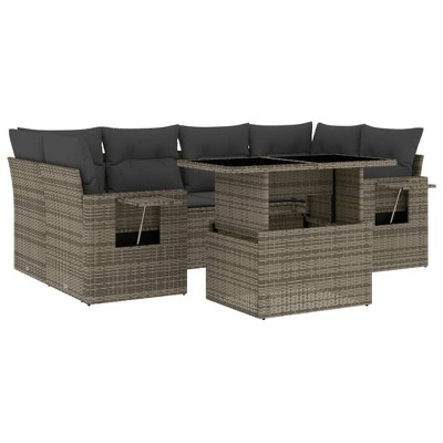 vidaXL Patio Sofa Set with Cushions Gray Poly Rattan - without storage