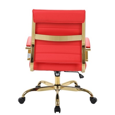 Mid-Century Red Leather Swivel Office Chair with Gold Metal Frame