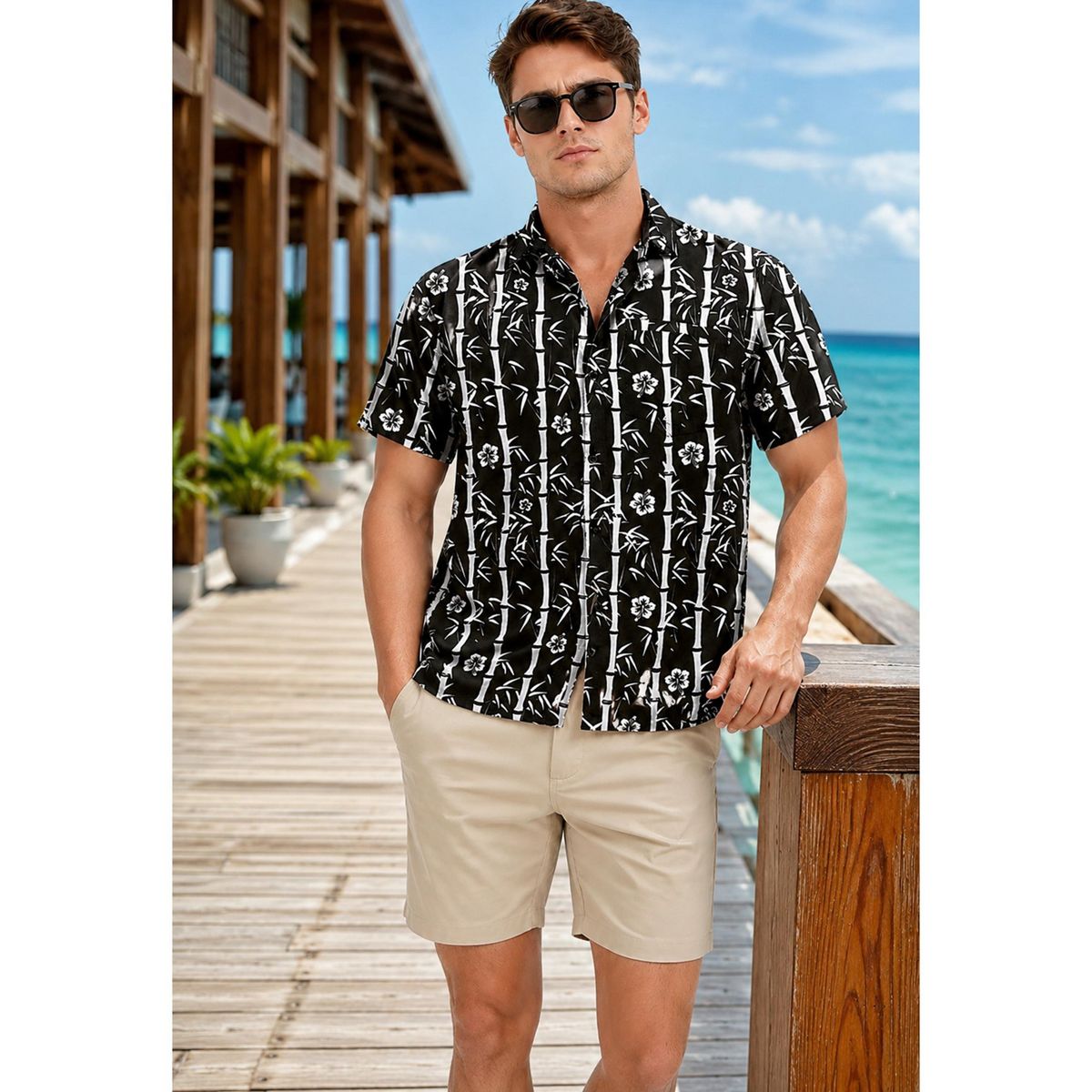 LA LEELA Men's Hawaiian Shirt Vacation Funny Party 3X-Large Black Leaves - thumbnail 5