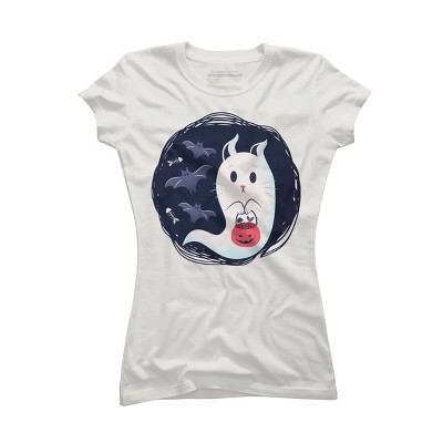 Junior's Design By Humans halloween ghost cat By ArtStyleAlice T-Shirt