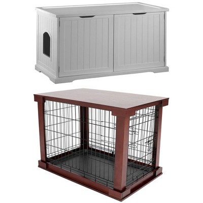 Merry Products Pet Cat Washroom Bench Box with Removable Partition Wall, White + Merry Products Pet Cage w/ Protection Box End Table, Large, Brown