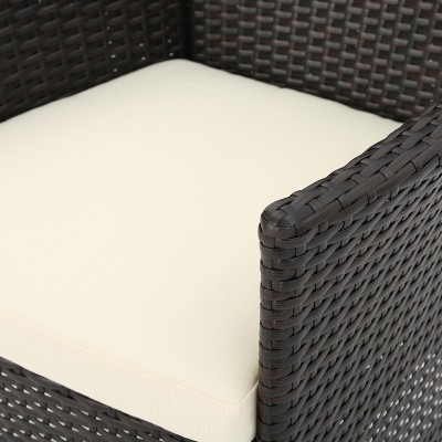 Multibrown Wicker and Teak Finish Acacia Wood 5 Piece Dining Set with Beige Cushions