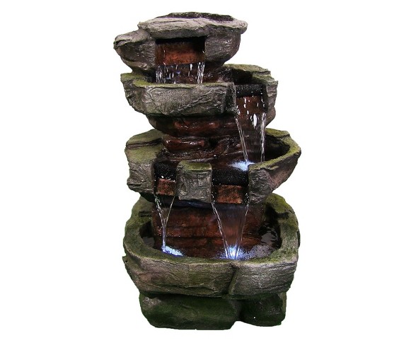 24" Tiered Stone Outdoor Waterfall Fountain with LED Lights - Sunnydaze Decor