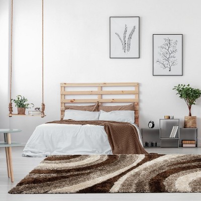 Brown and Beige Geometric Shag Area Rug 5' x 7'