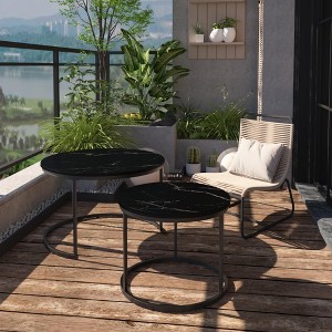 Okak Round Coffee Table Set 2 Side Tables Patio End Table Nightstand Marble Pattern Nesting Outdoor&Indoor for Yard Bedroom Balcony, Black - 1 of 4