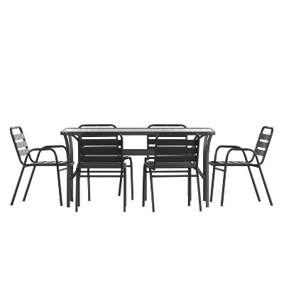 Flash Furniture Commercial Patio Dining Set with Table, 4 Chairs, and 2 Arm Chairs in Black
