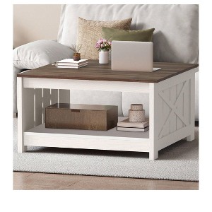 Farmhouse Square Coffee Table with Open Storage Compartment Wood Cocktail Table For Living Room Organizer Off White - 1 of 4