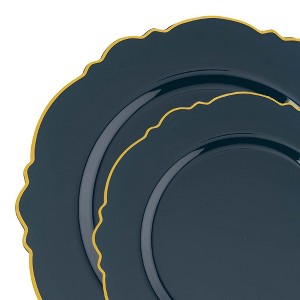 Smarty Had A Party Navy with Gold Rim Round Blossom Disposable Plastic Dinnerware Value Set (120 Dinner Plates and 120 Salad Plates) - 1 of 2