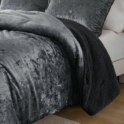 Twin Charcoal Velvet Reversible Bedspread Set with Sherpa
