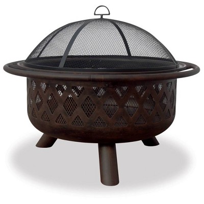 Endless Summer Round Wood Burning Outdoor Fire Pit with Lattice Design Brown: Deep Bowl, Mesh Spark Guard, Portable