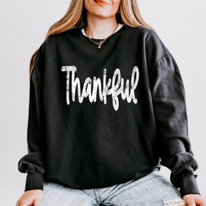 Simply Sage Market Thankful Cursive Distressed Lightweight Garment Dyed Sweatshirt - 1 of 4