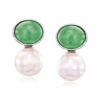 Ross-Simons Jade and 12-12.5mm Cultured Pearl Earrings in Sterling Silver