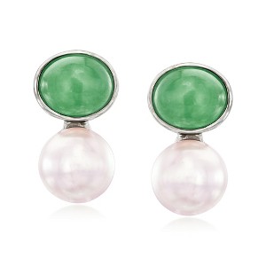 Ross-Simons Jade and 12-12.5mm Cultured Pearl Earrings in Sterling Silver - 1 of 4