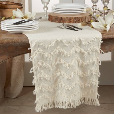 Ivory Cotton Chevron Table Runner with Fringe Design