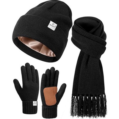 SENPUKI Womens Satin Lined Beanie Scarf Gloves Set, Silk Lined Winter Hats Knit Scarf Touchscreen Gloves, 3 Fashionable Warm Gift Set