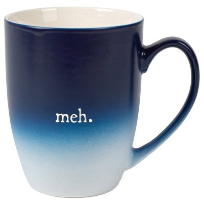 Elanze Designs Meh. Two Toned Ombre Matte Navy Blue and White 12 ounce Ceramic Stoneware Coffee Cup Mug