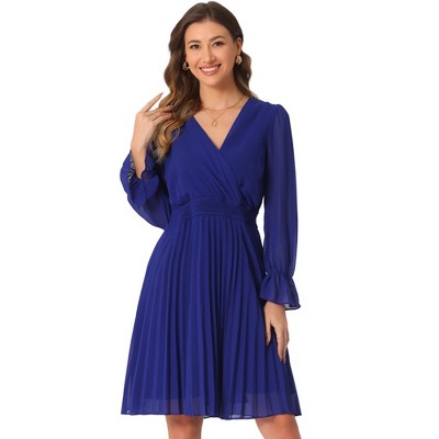 INSPIRE CHIC Women's Smocked V Neck Long Sleeve Pleated Dress