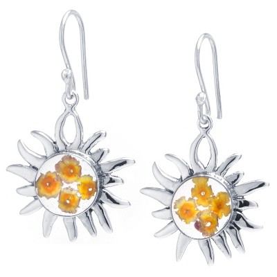 Women's Sterling Silver Pressed Flowers Sun Drop Earrings