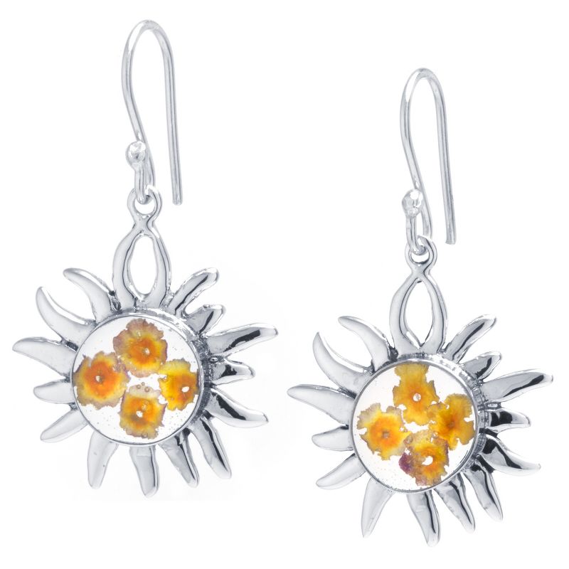 Women's Sterling Silver Pressed Flowers Sun Drop Earrings, 1 of 2