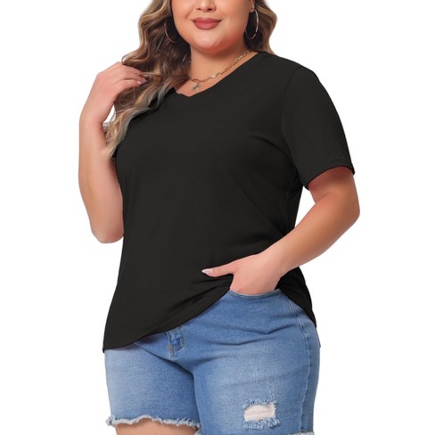 Agnes Orinda Women s Plus Size Basic Casual V Neck Short Sleeve Plain T shirts Black 2X