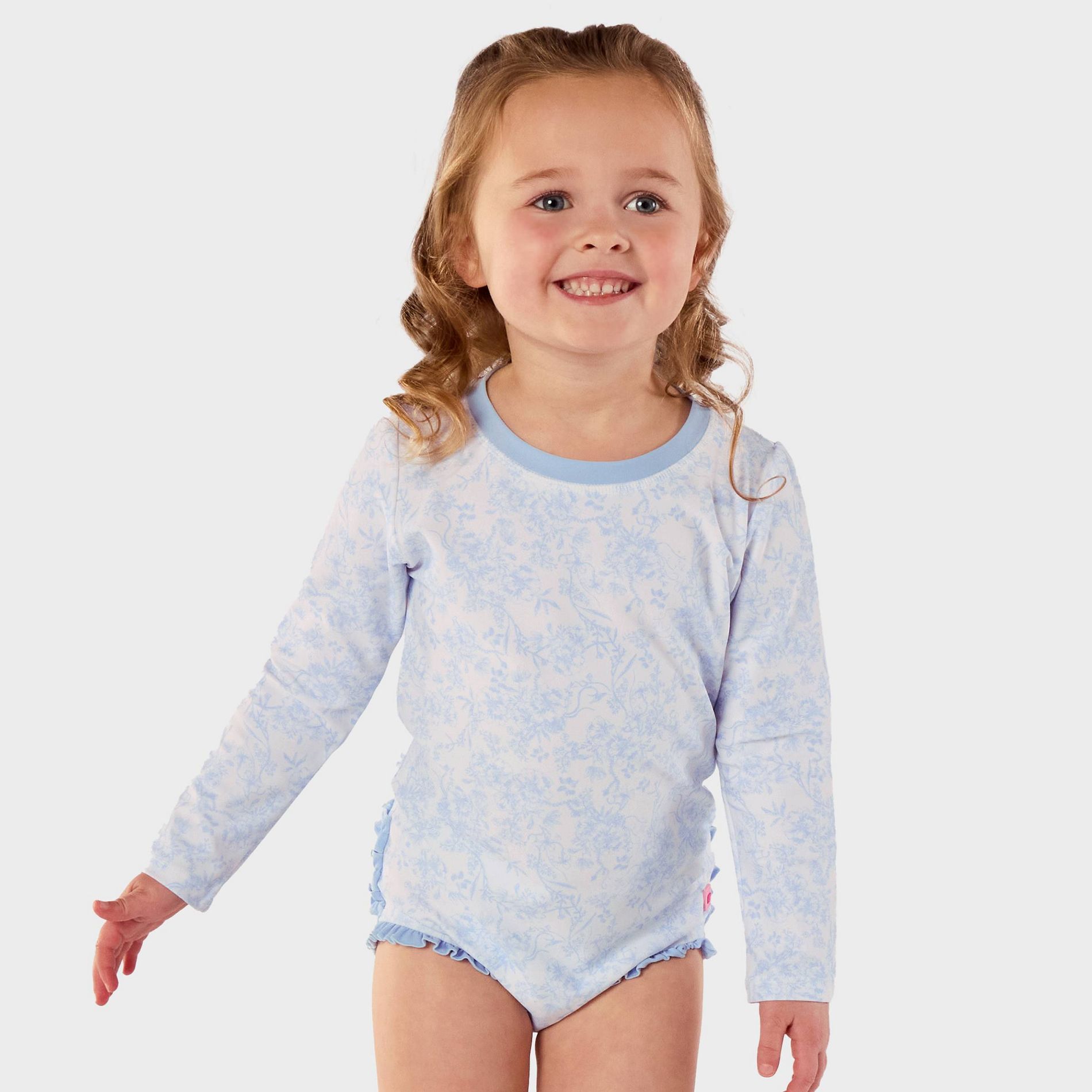 RuffleButts Toddler Girls' Toile Floral Long Sleeve One Piece Rash Guard Swimsuit - Blue