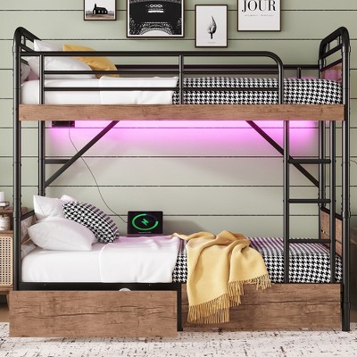 ORRD Metal Bunk Bed with LED Lights, Charging Station & 2 Storage Drawers, Demountable Design, Black