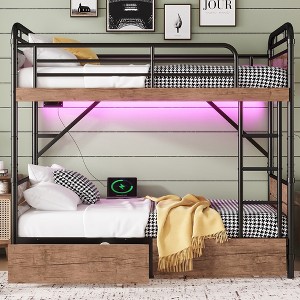 ORRD Metal Bunk Bed with LED Lights, Charging Station & 2 Storage Drawers, Demountable Design, Black - 1 of 4