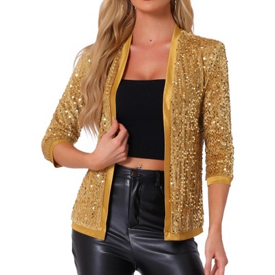 Allegra K Women's Open Front Collarless 3/4 Sleeve Sequin Velvet Jacket