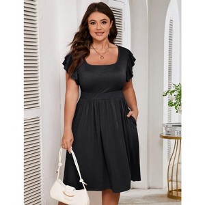 Coolmee Women Plus Size Casual Double Layer Ruffled Short Sleeve High Waist Summer Ribbed Mini Dress With Pocket - 1 of 4