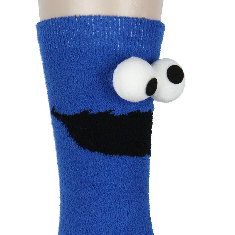 Sesame Street Socks 3D Eyes Cookie Monster Adult Chenille Fuzzy Plush Crew Socks Blue, 3 of 6